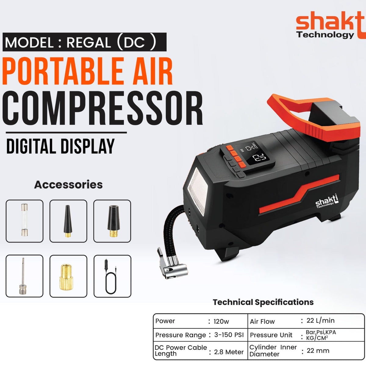 Shakti Technology REGAL (DC) - Digital Portable Tyre Inflator for Car and Bike - Digital Portable Air Compressor 12V DC for Car and Home - Max Pressure 3-150PSI - LED Light - Auto Cut-Off